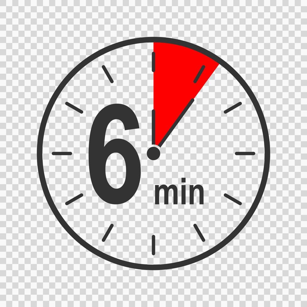 Clock icon with six minute time interval. Countdown timer or stopwatch symbol with 6 min text. Infographic element for cooking or sport game vector