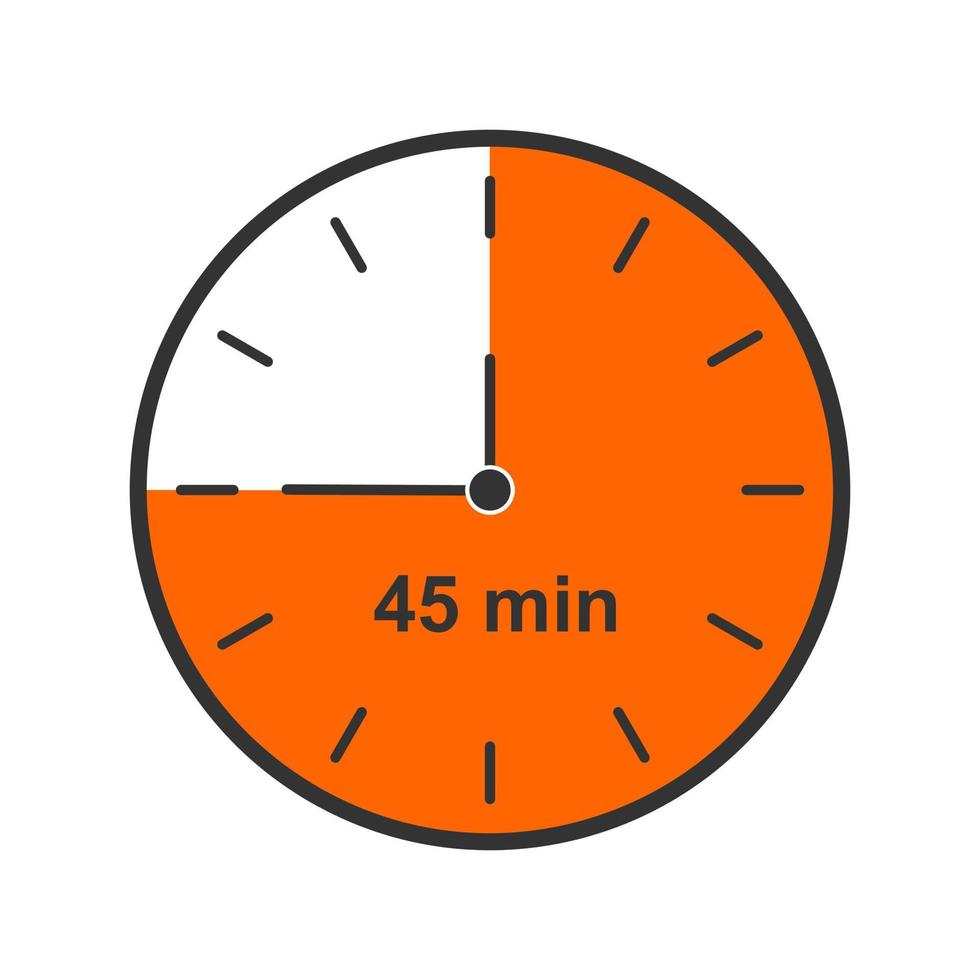 Clock icon with 45 minutes time interval. Countdown timer or stopwatch symbol. Infographic element for cooking instruction or sport game vector