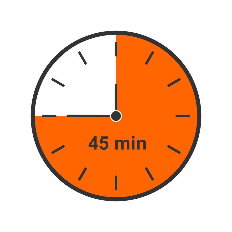 icono de reloj con intervalo de tiempo de 45 minutos. temporizador de cuenta regresiva o símbolo de cronómetro. elemento infográfico para instrucción de cocina o juego deportivo vector