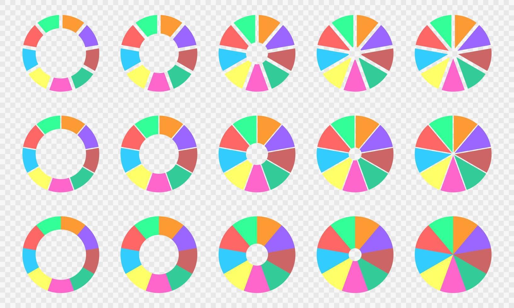 Pie and donut charts set. Circle diagrams divided in 9 sections. Colorful infographic wheels. Round shapes cut in nine equal parts isolated on transparent background vector