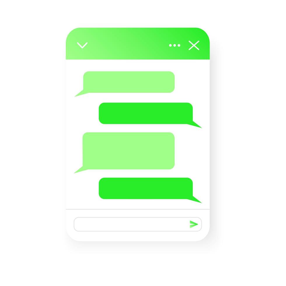 Chat bot screen template. Life chat window with message bubbles. Virtual assistant, online customer support conversation. Mobile messenger app form design vector