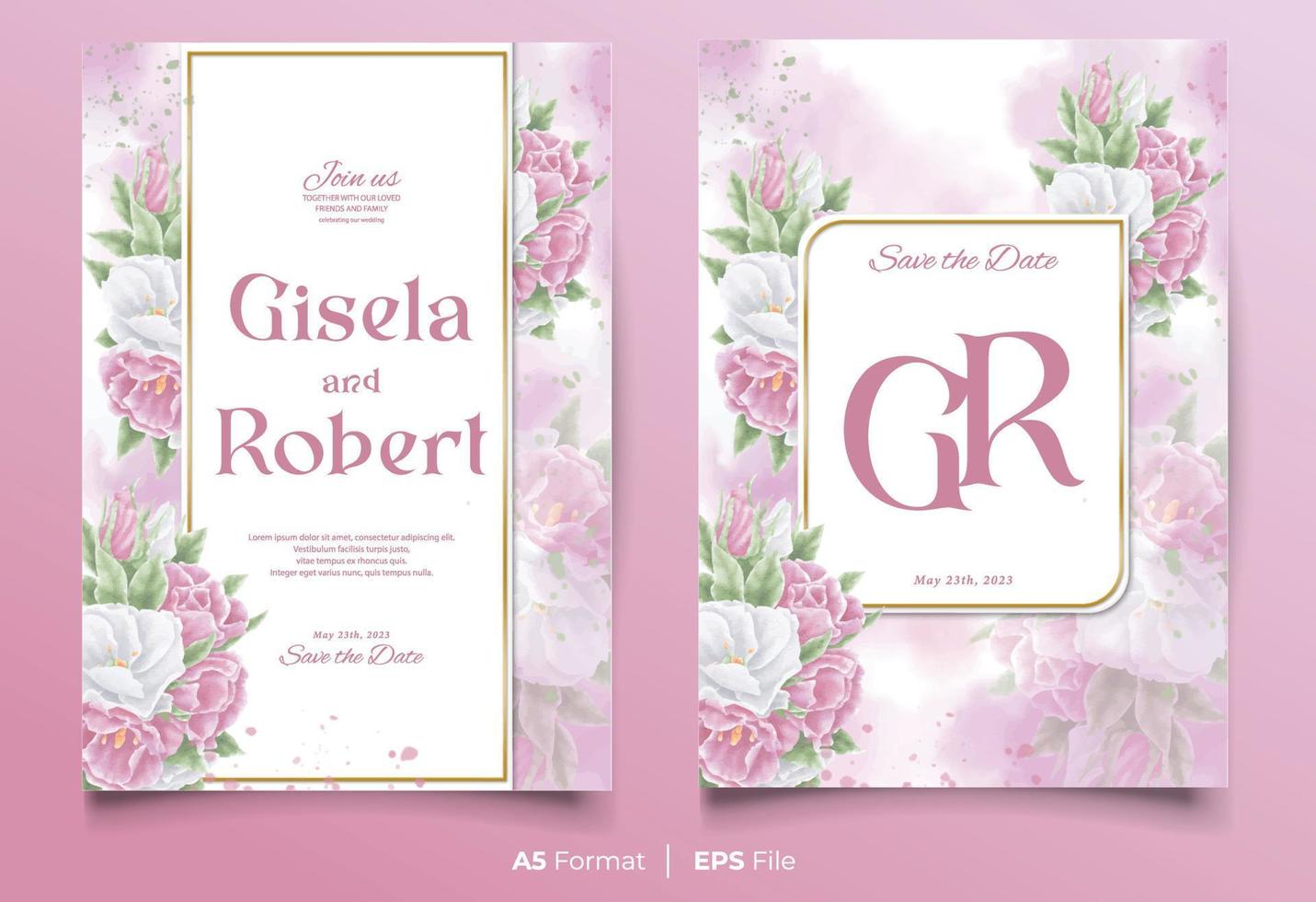 plantilla de invitación de boda de acuarela con adorno de flores blancas y rosas vector