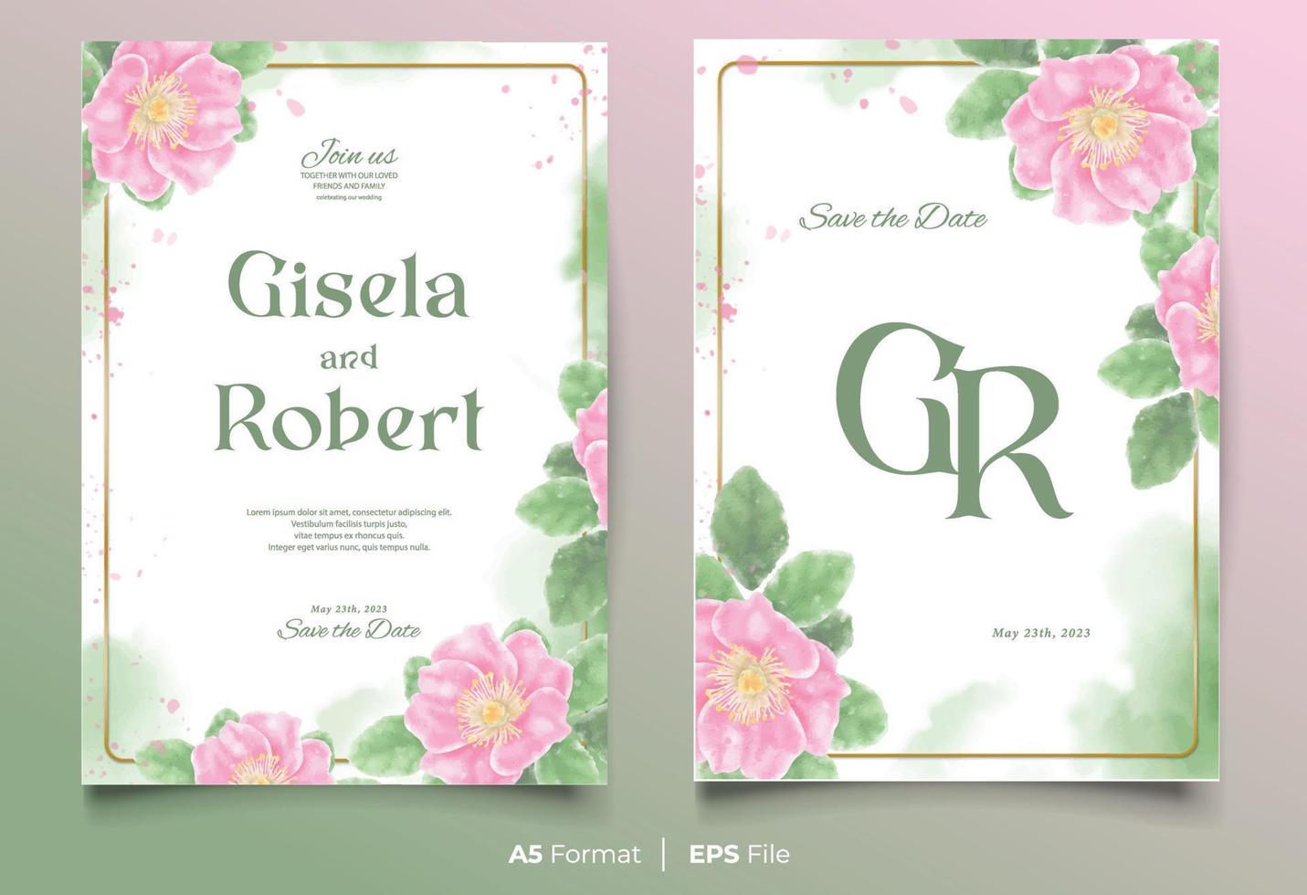 plantilla de invitación de boda de acuarela con adorno de flor rosa y verde vector