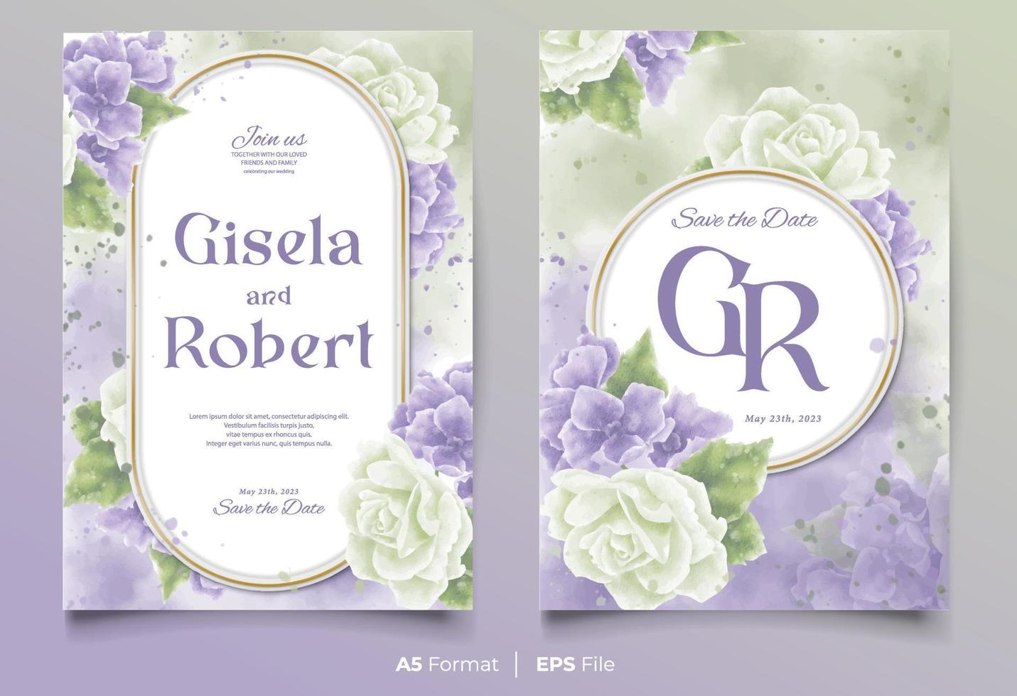 plantilla de invitación de boda de acuarela con adorno de flores blancas y moradas vector