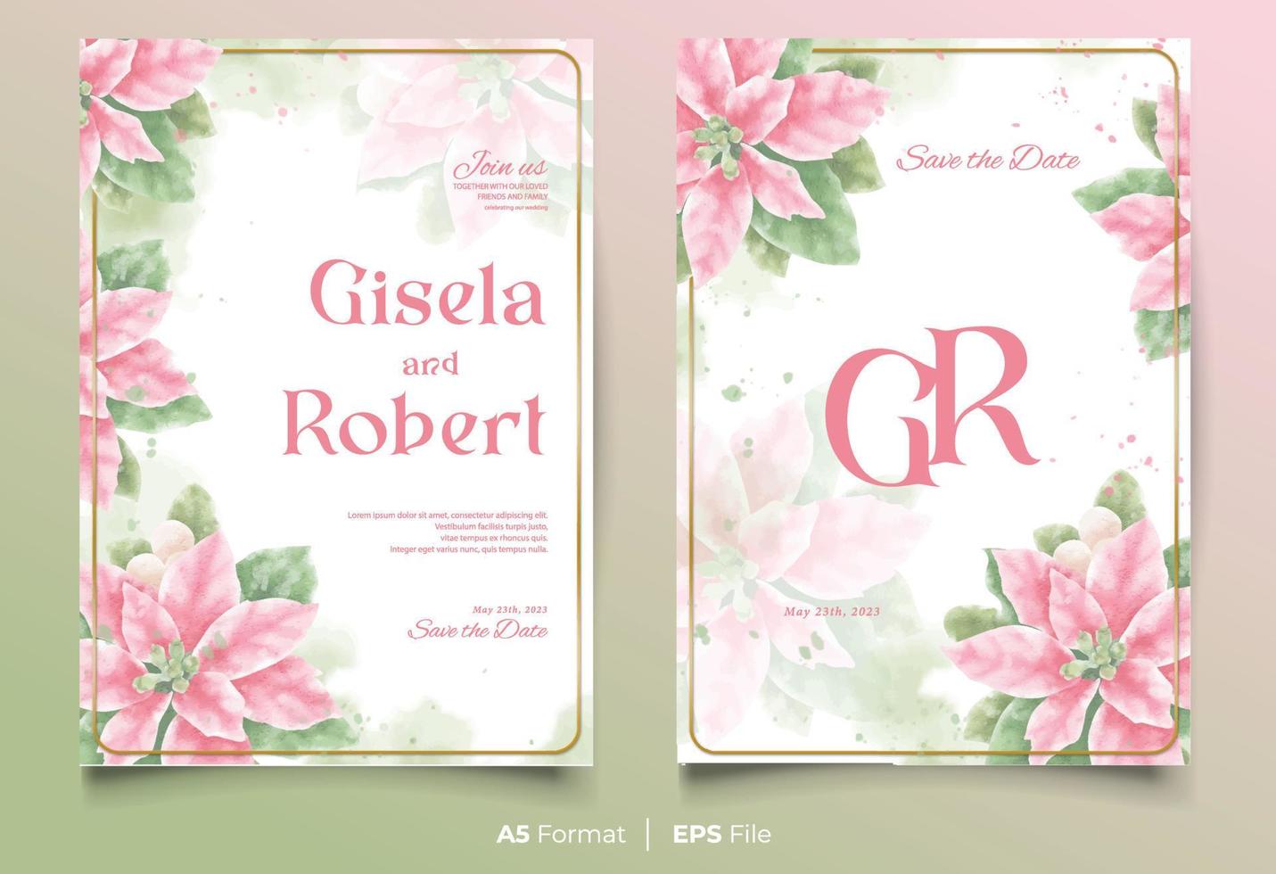 plantilla de invitación de boda de acuarela con adorno de flor rosa y verde vector