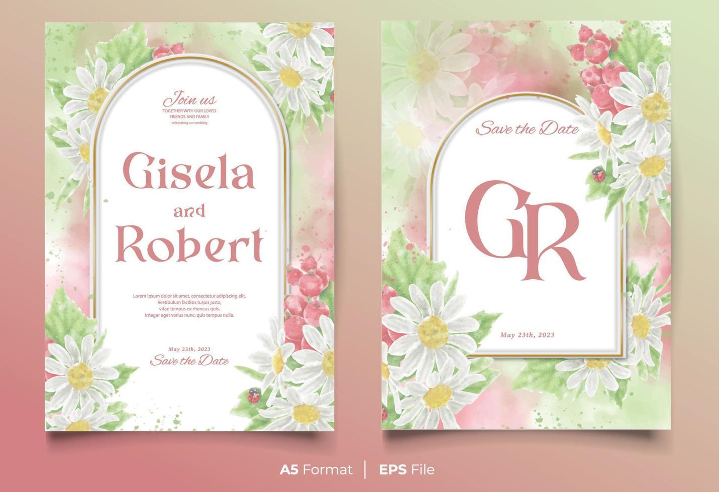 plantilla de invitación de boda de acuarela con adorno de flores blancas y rosas vector