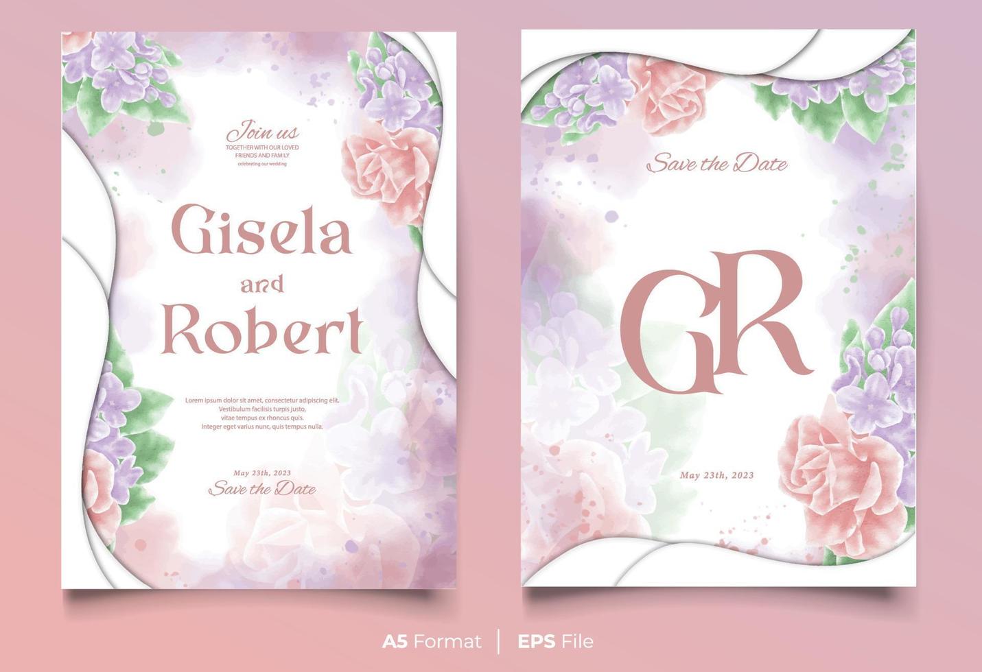 plantilla de invitación de boda de acuarela con adorno de flor rosa y púrpura vector