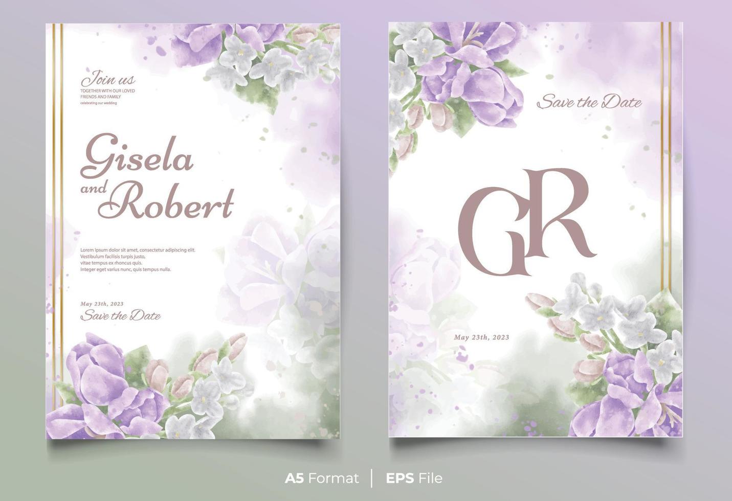 plantilla de invitación de boda de acuarela con adorno de flores blancas y moradas vector