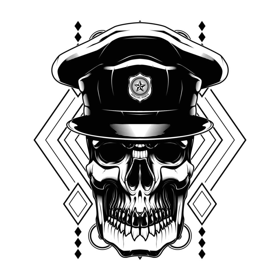 cráneo de policía con un fondo de geometría. vector de cráneo para el diseño de camisetas y mercancías.