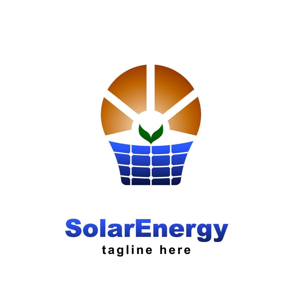 Solar energy logo with panel light bulb shape. renewable green energy vector illustration