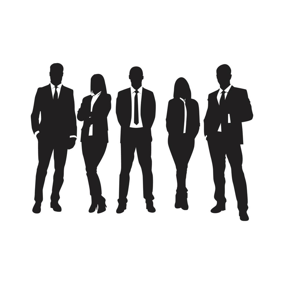 Set of vector silhouettes of men and women, group of business people standing, black color isolated on white background