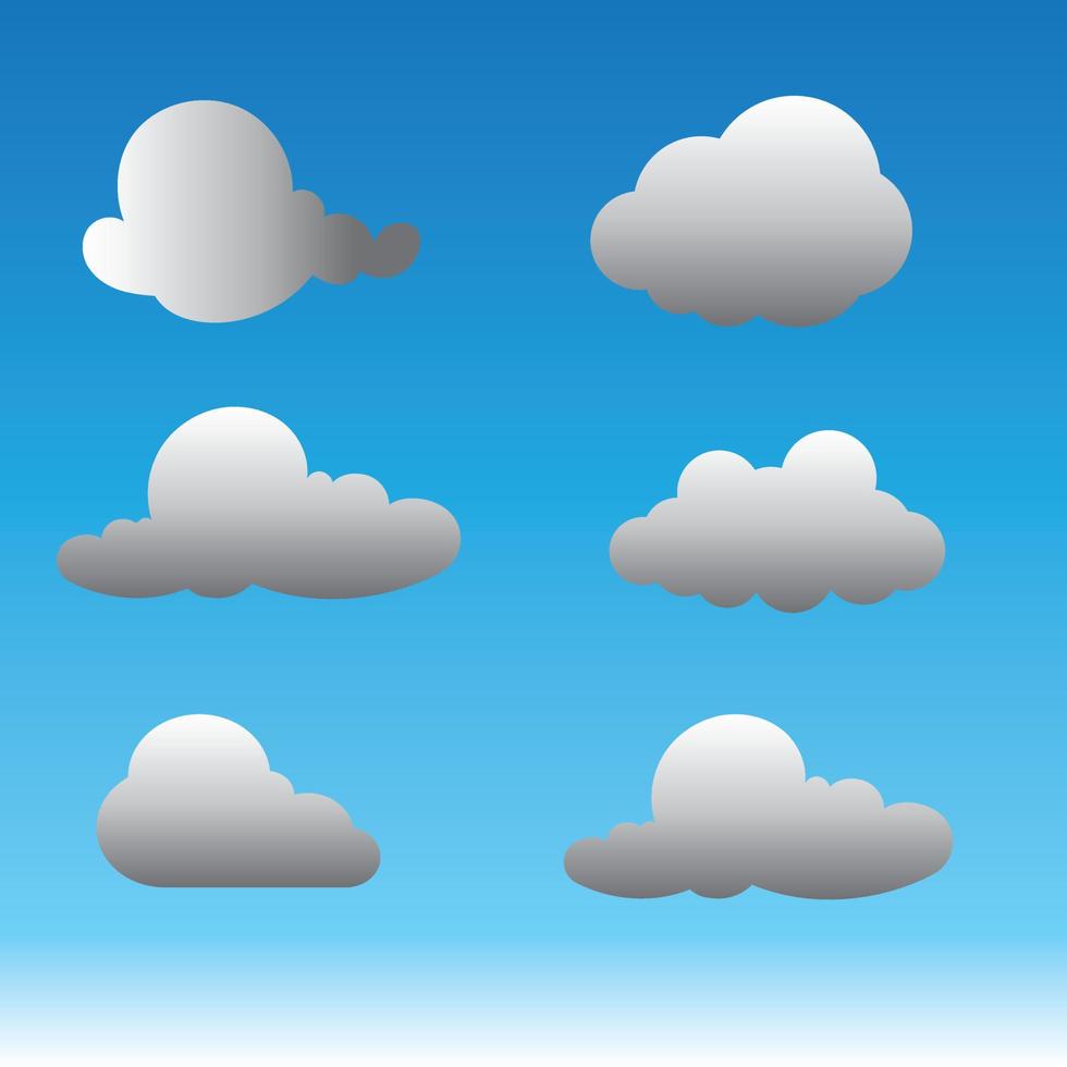 conjunto de nubes 3d blancas aisladas en un fondo azul. renderice un icono de nubes esponjosas de dibujos animados redondos suaves en el cielo azul. Ilustración de vector de formas geométricas 3d