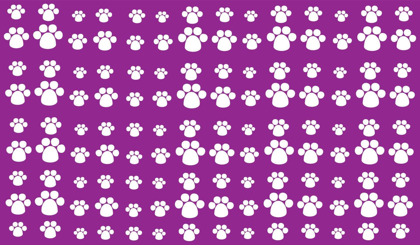 Seamless background pattern of evenly spaced white pet symbols of different sizes and opacity. Vector illustration on purple background