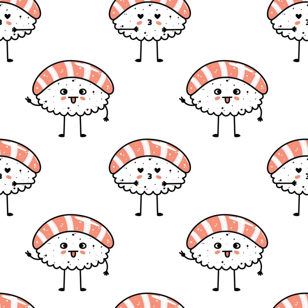 Kawaii sushi illustration. Vector flat hand drawn seamless pattern