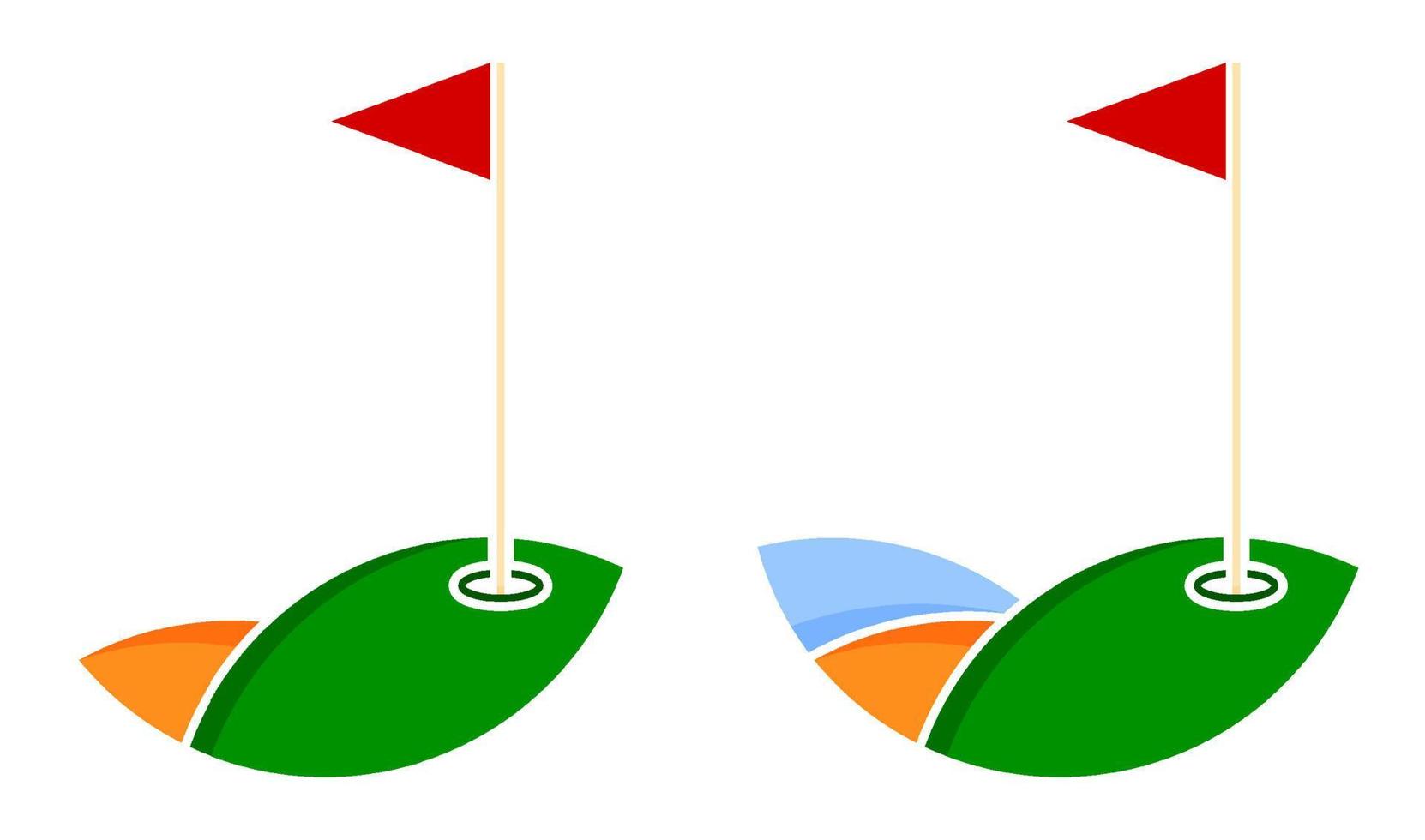 coloque la bandera triangular de golf en el poste. hoyo de golf en campo marcado con bandera. Estilo de vida activo. vector aislado sobre fondo blanco en estilo plano