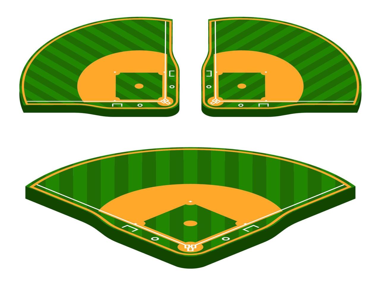set of isometric green baseball fields with marking lines. Team sports. Active lifestyle. American national sport. Vector