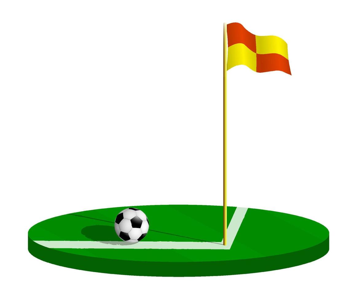 soccer ball with fottball coner flag on pole on green field. Soccer field borders marked with flag. Active lifestyle. Isometric vector isolated on white background