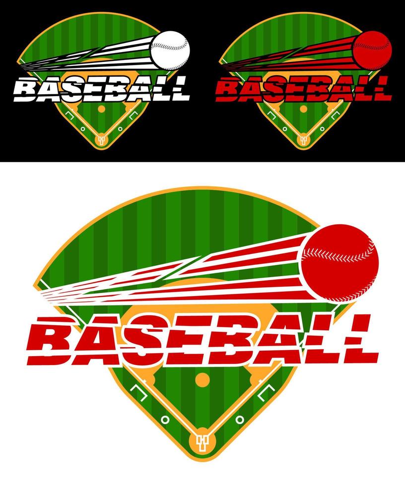 set of emblems with green baseball fields and flying ball. Team sports. Active lifestyle. American national sport. Vector