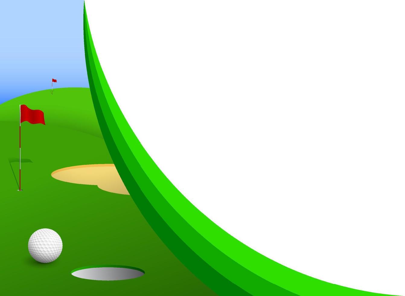 Sport ball for golf in front of hole with red flags on green sports field. Banner, background for design of competitions. Healthy lifestyle.  Vector