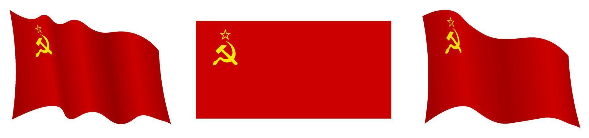 bandera de la unión soviética, urss en posición estática y en movimiento, desarrollándose en el viento en colores y tamaños exactos, sobre fondo blanco vector