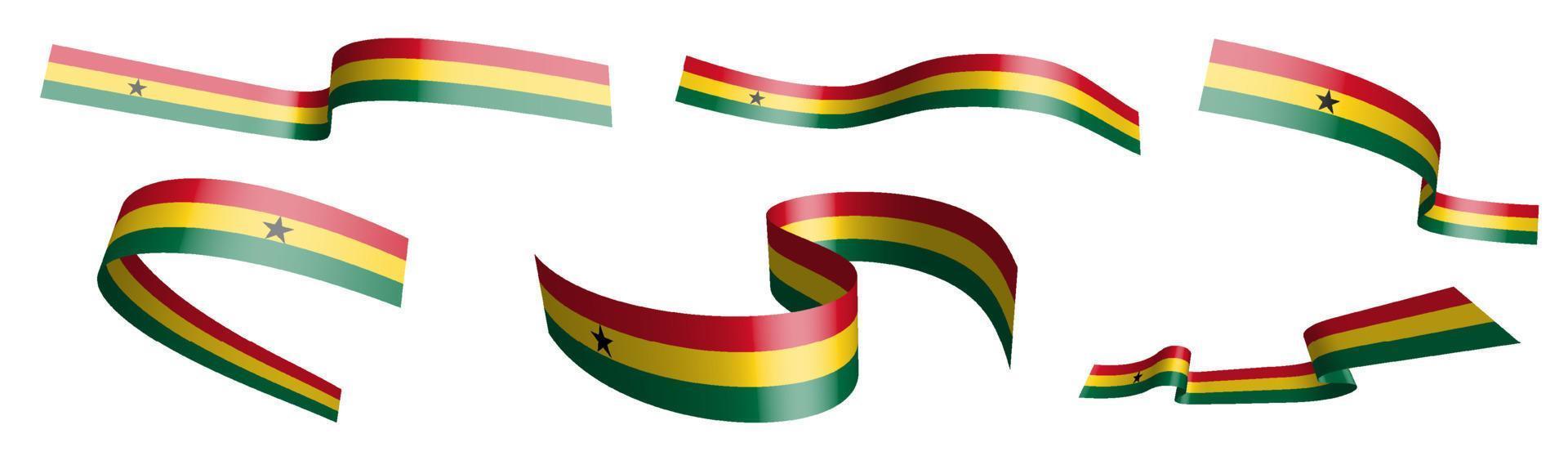 Set of holiday ribbons. Ghana flag waving in wind. Separation into lower and upper layers. Design element. Vector on white background