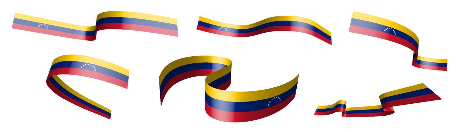 Set of holiday ribbons. Venezuela flag waving in wind. Separation into lower and upper layers. Design element. Vector on white background