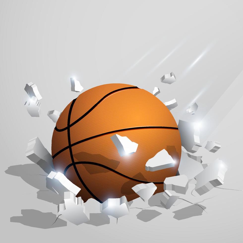 pelota naranja deportiva para baloncesto se estrelló contra el suelo a alta velocidad y se rompe en fragmentos, grietas después de un golpe perfecto. infligiendo graves daños. vector