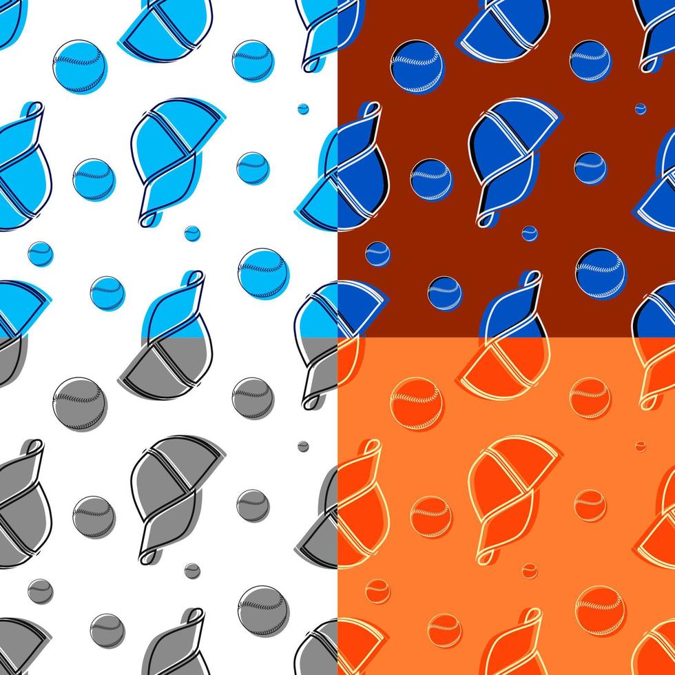 set of seamless patterns with sport baseball cap and ball in simple style. Ornament for printing and decoration of sports competitions. Vector