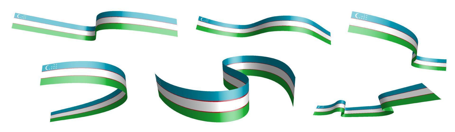 Set of holiday ribbons. Flag of uzbekistan waving in wind. Separation into lower and upper layers. Design element. Vector on white background