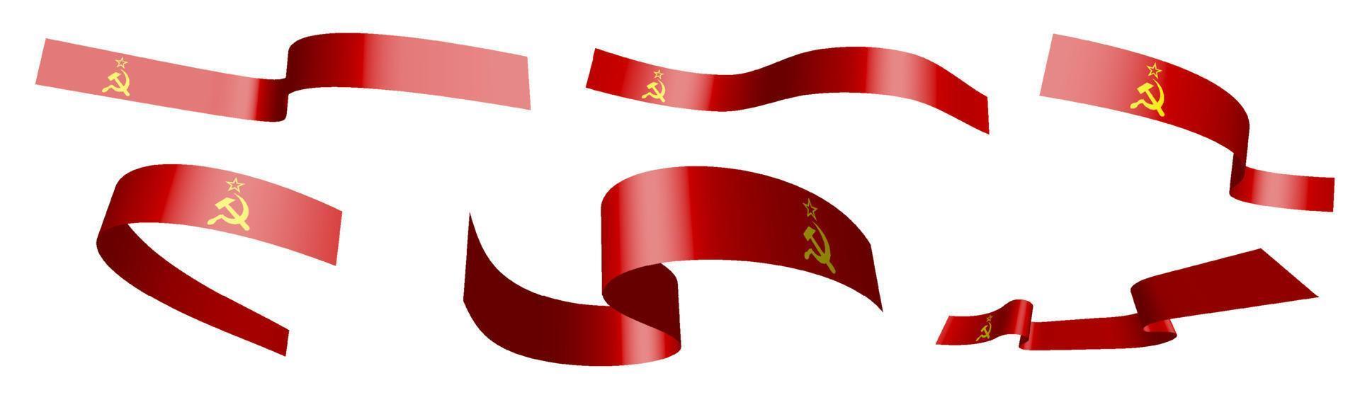 Set of holiday ribbons. Soviet Union flag, USSR waving in wind. Separation into lower and upper layers. Design element. Vector on white background