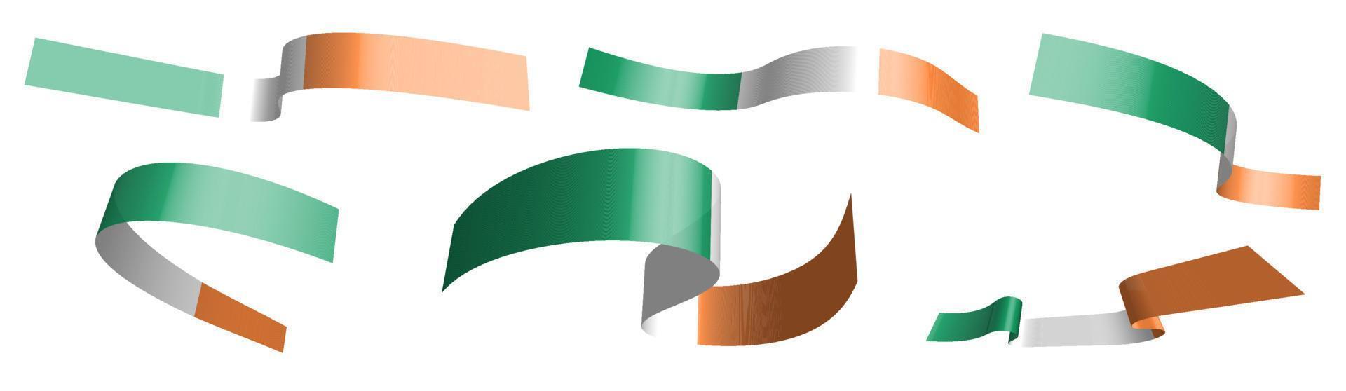 Set of holiday ribbons. Ireland flag waving in wind. Separation into lower and upper layers. Design element. Vector on white background