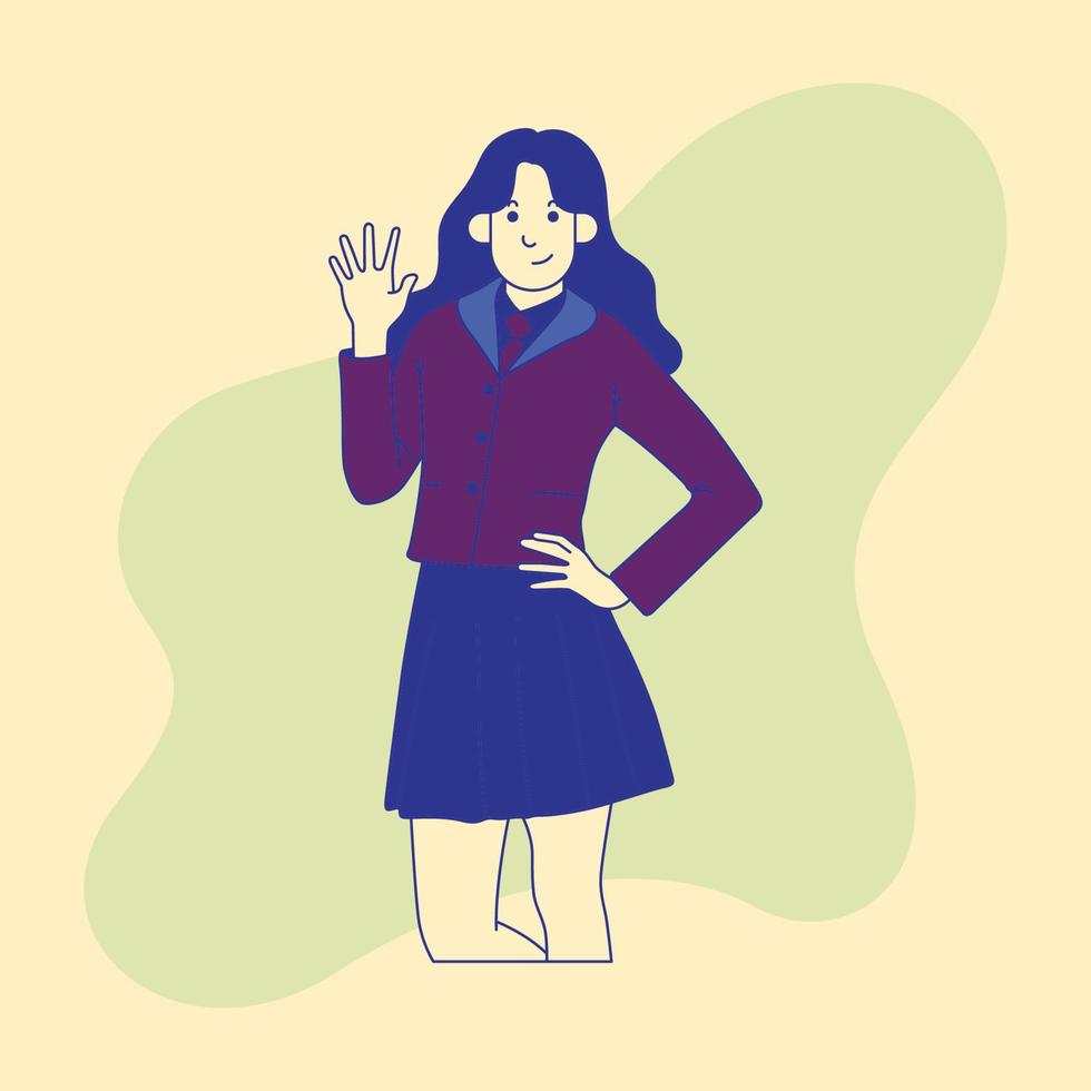 mujer con la mano derecha saludando y la mano izquierda en la cintura vector