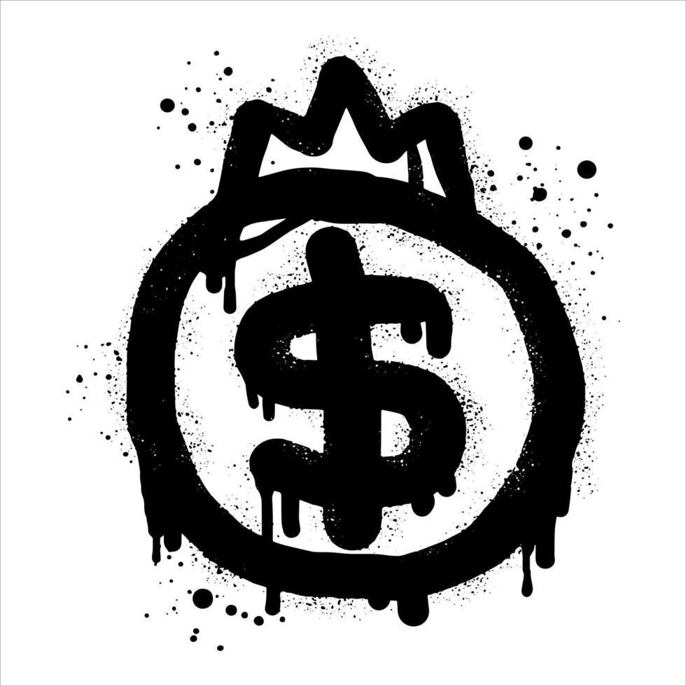 Spray painted graffiti currency in black over white. Drops of sprayed