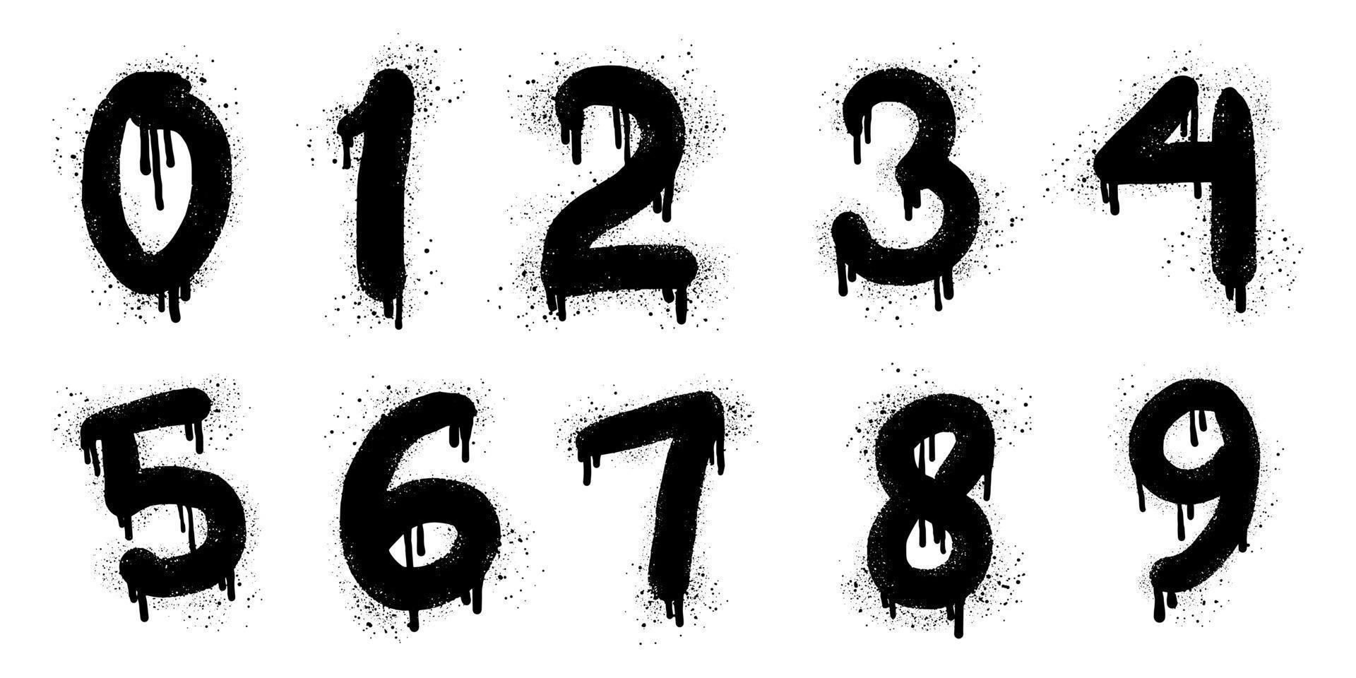 Spray painted graffiti of number on set. alphabet drip symbol. isolated on white background. vector illustration