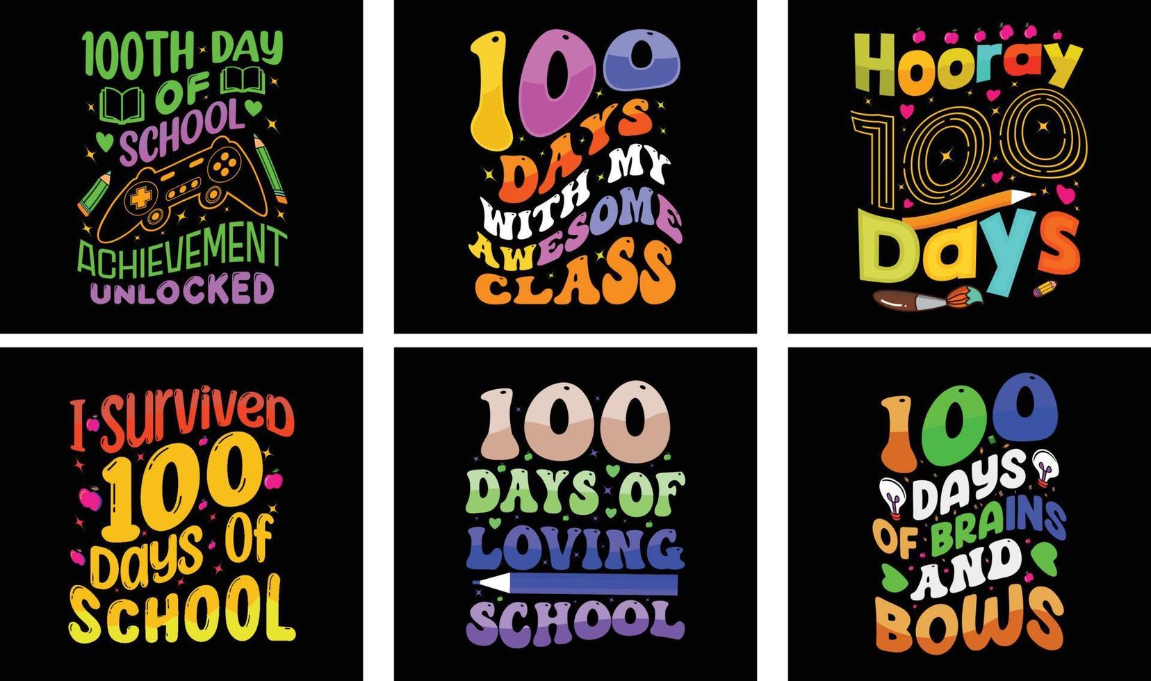 100 Days of School T-shirt Design Bundle. 100 Days of School Vector. Typography t-shirt design. vector