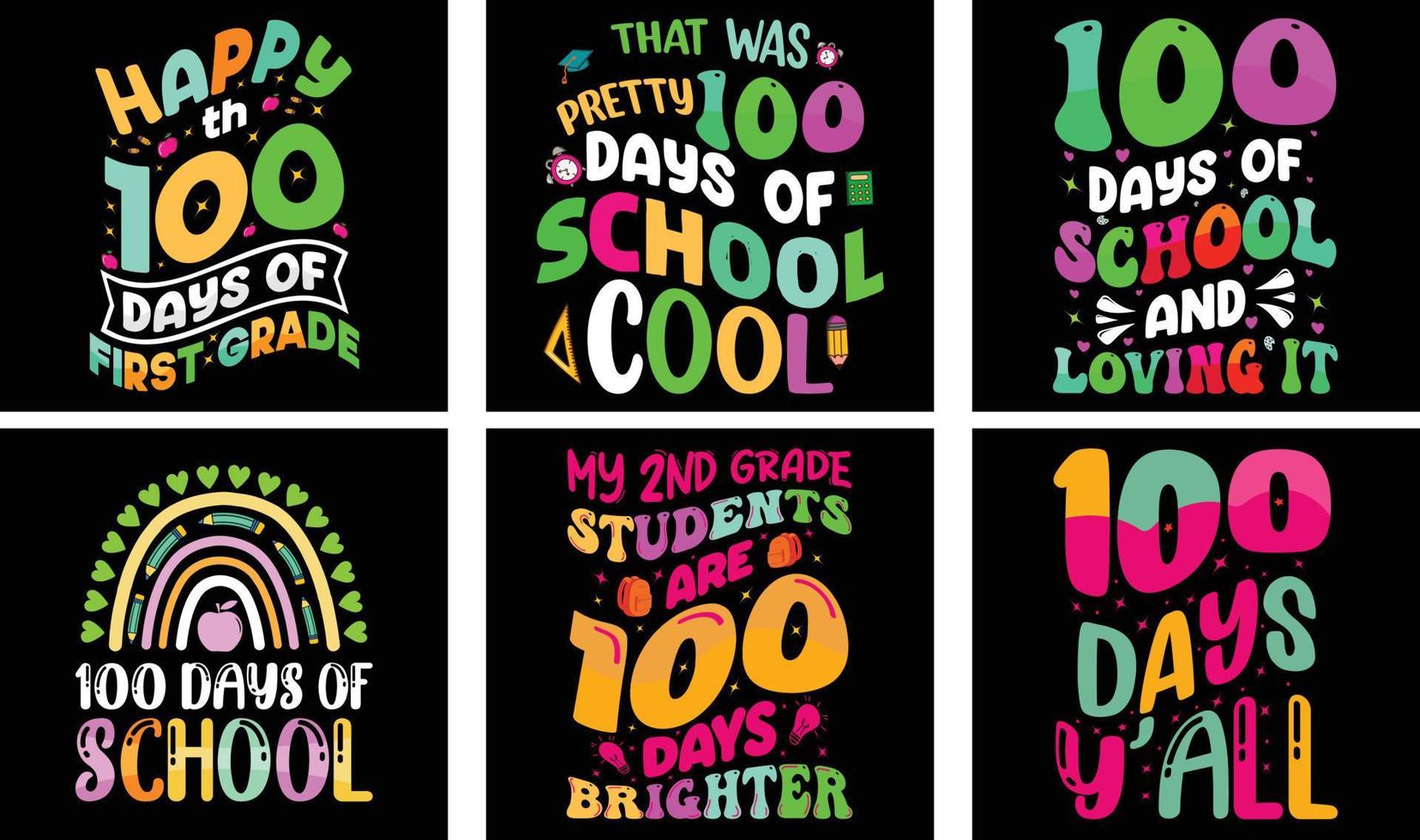 100 Days of School T-shirt Design Bundle. 100 Days of School Vector. Typography t-shirt design. vector