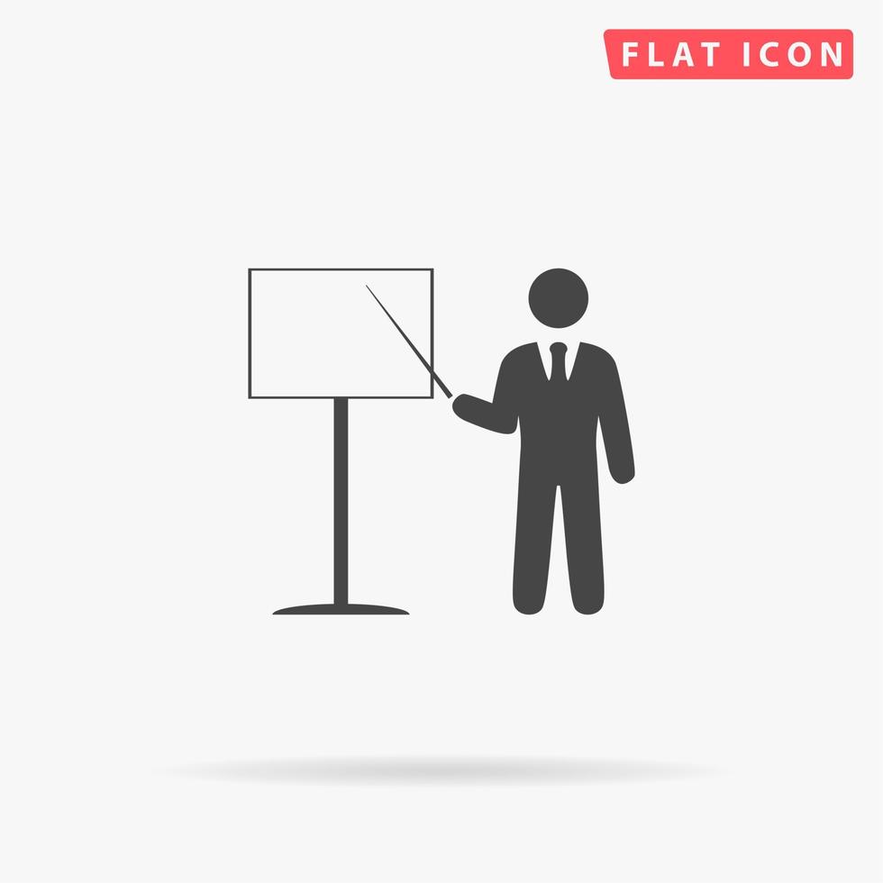 Presentation. Man standing with pointer. Simple flat black symbol with shadow on white background. Vector illustration pictogram