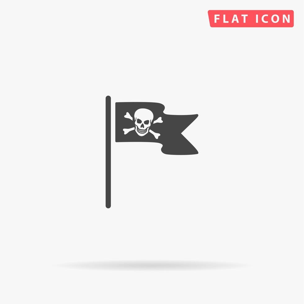 Jolly Roger or Skull and Cross bones Pirate flag. Simple flat black symbol with shadow on white background. Vector illustration pictogram