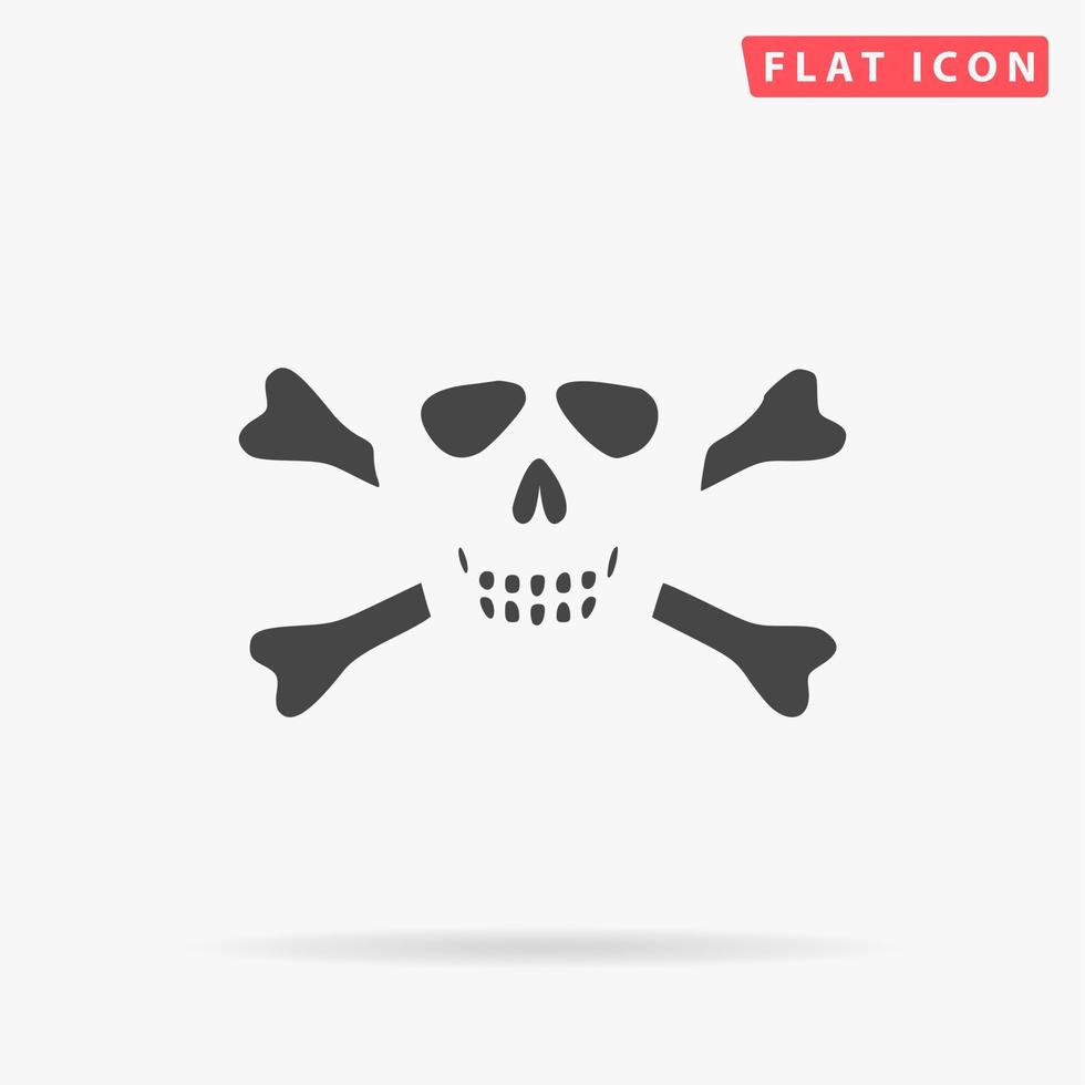 Cartoon skull with bones. Simple flat black symbol with shadow on white background. Vector illustration pictogram