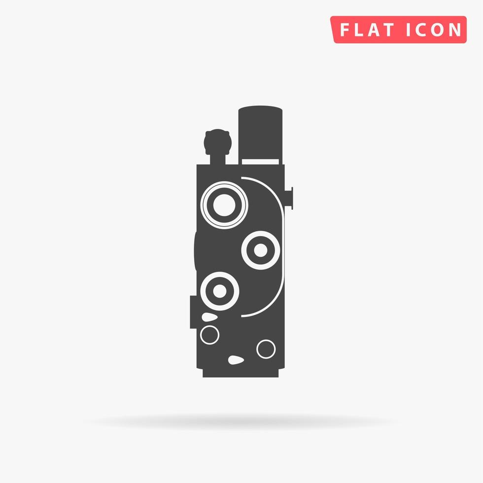 Retro Movie camera. Simple flat black symbol with shadow on white background. Vector illustration pictogram