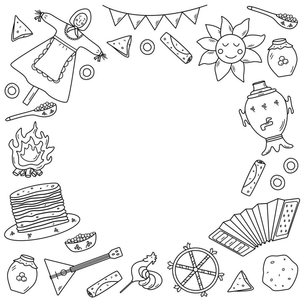 A set of doodle elements of pancake day. Vector illustration of icons of the traditional Russian holiday Maslenitsa. Sun, scarecrow, accordion balalaika, samovar