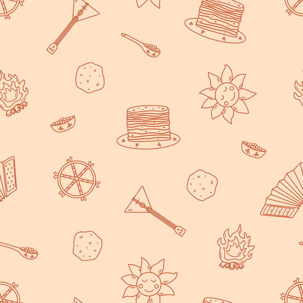 Seamless pattern vector illustration of icons of the traditional Russian holiday Maslenitsa. Endless background of pancake day elements.