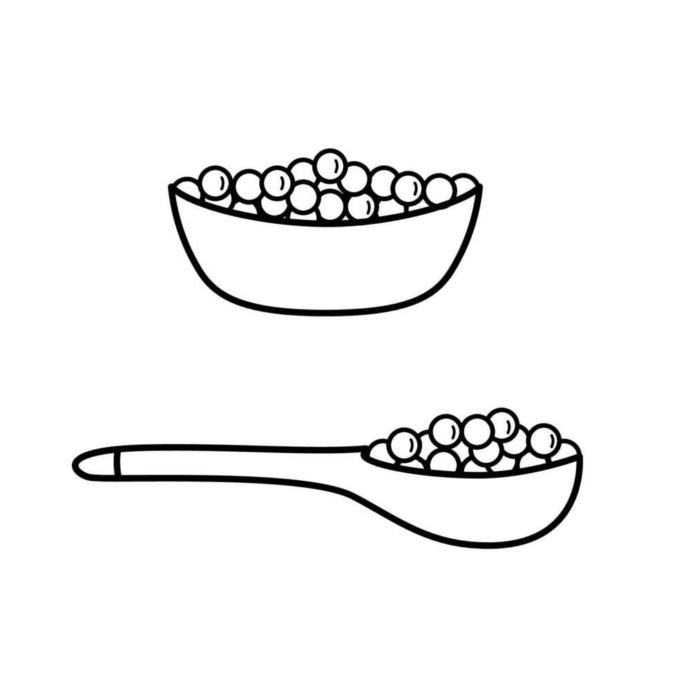 Delicacy salted red or black salmon caviar. Vector doodle illustration of sea fish caviar in a wooden spoon and plate.