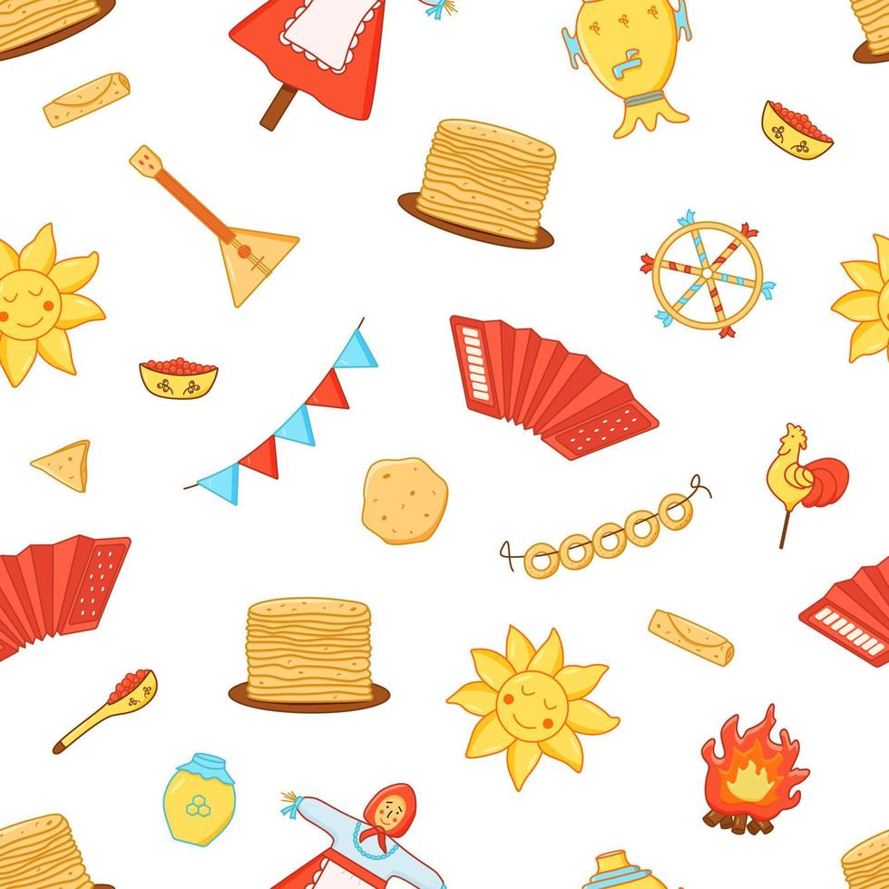 Seamless pattern vector illustration of icons of the traditional Russian holiday Maslenitsa. Endless background of pancake day elements