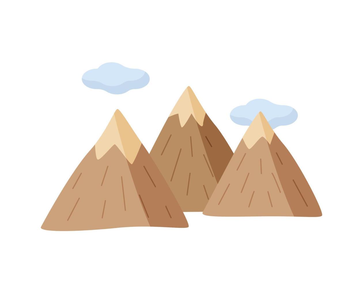 icono de una montaña con nubes, vector de dibujos animados de garabatos. la ilustración está aislada en blanco.