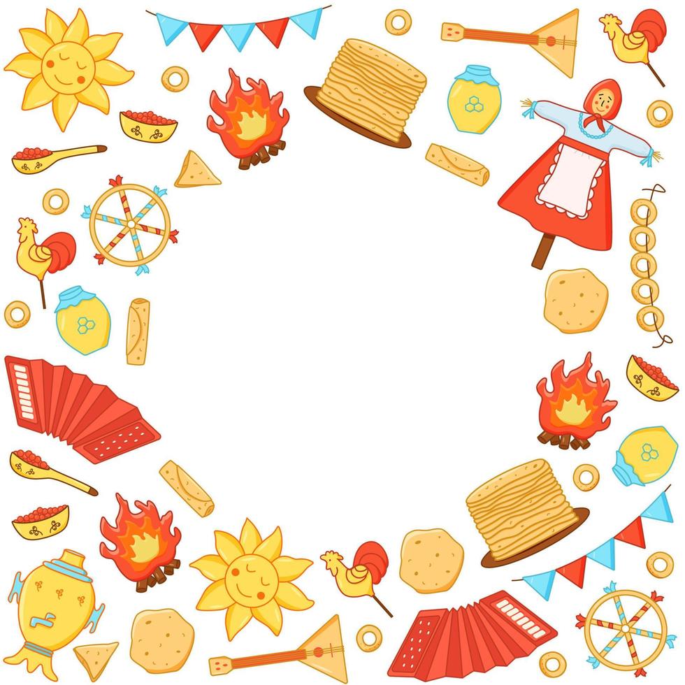 A set of elements of pancake day. Vector illustration of icons of the traditional Russian holiday Maslenitsa. A frame with an empty center for the text