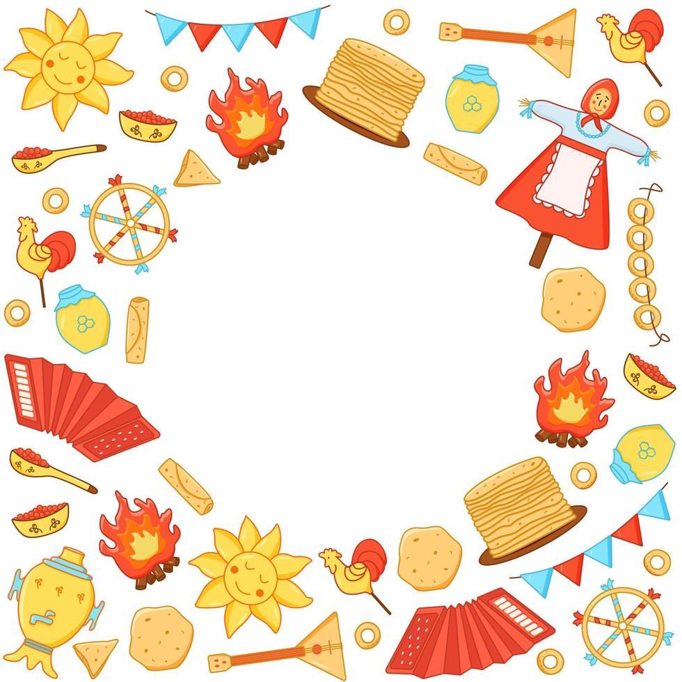 un conjunto de elementos del día del panqueque. ilustración vectorial de iconos de la tradicional fiesta rusa maslenitsa. un marco con un centro vacío para el texto vector