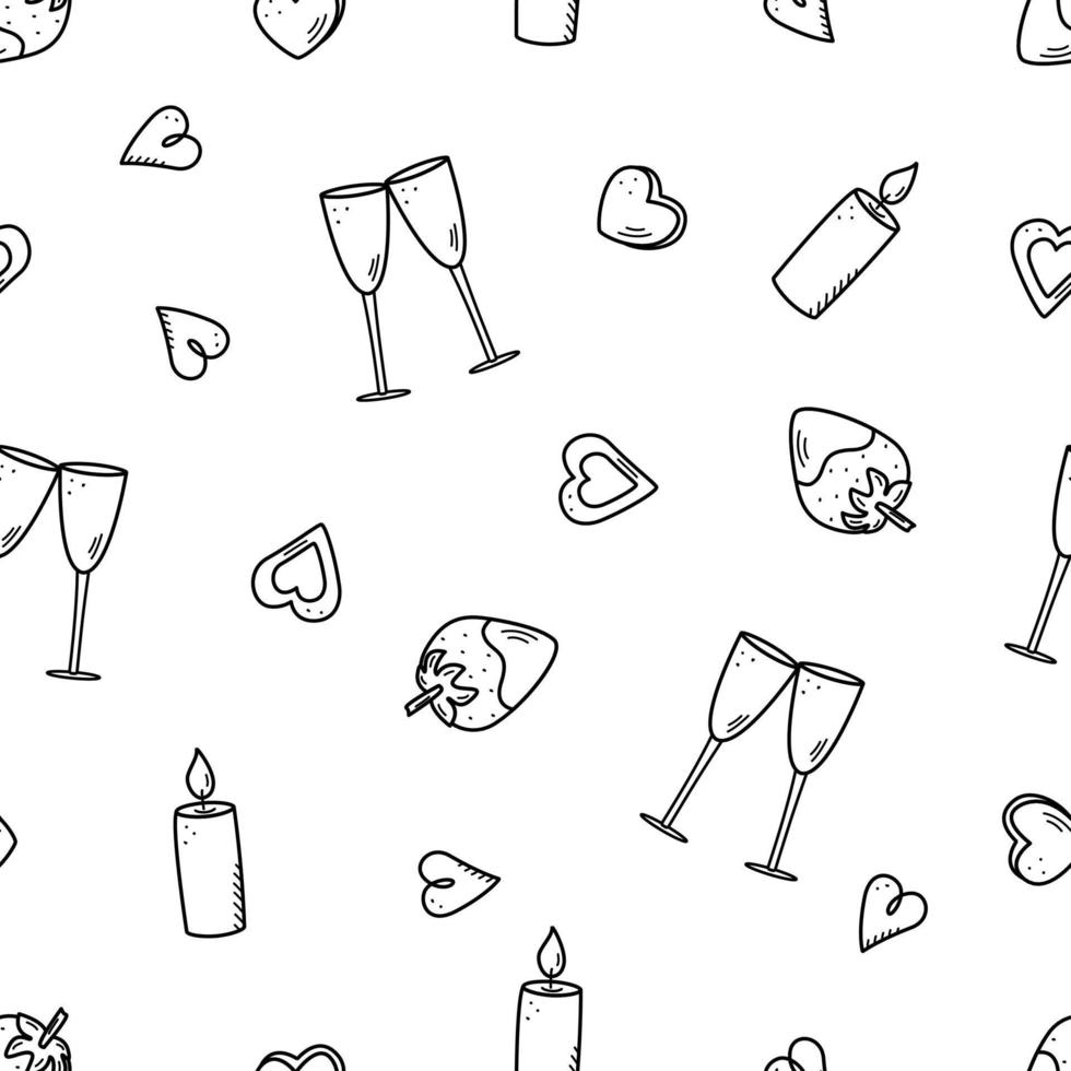 concepto de iconos de patrones sin fisuras del día de san valentín. vector doodle accesorios románticos velas corazones copas de vino, regalo de chocolate de fresa,