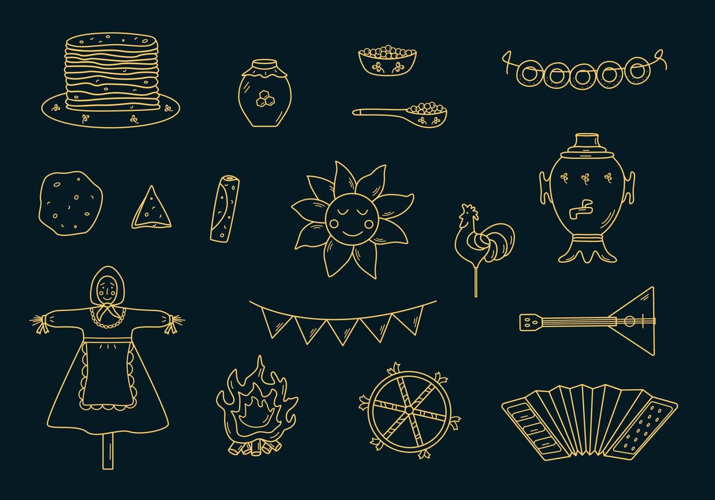 A set of doodle elements of pancake day. Vector illustration of icons of the traditional Russian holiday Maslenitsa. Sun, scarecrow, accordion balalaika, samovar