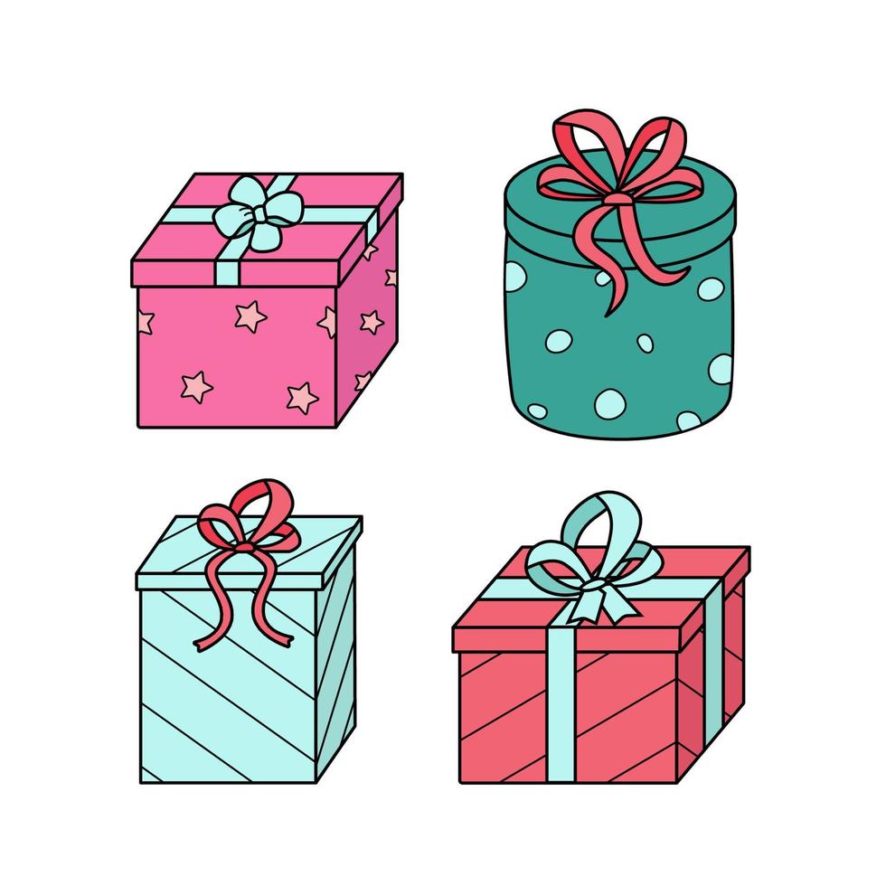 Gift boxes with bows. Vector illustration of colored icons of a festive present in a package. Isolated on white, a set of boxes in wrapping paper.